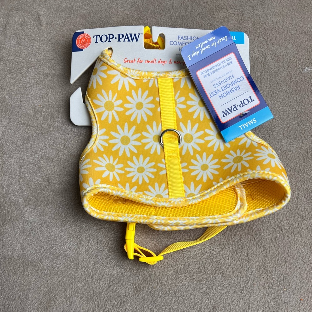 Mew top paw brand 
Yellow harness with daisies 
Multiple sizes